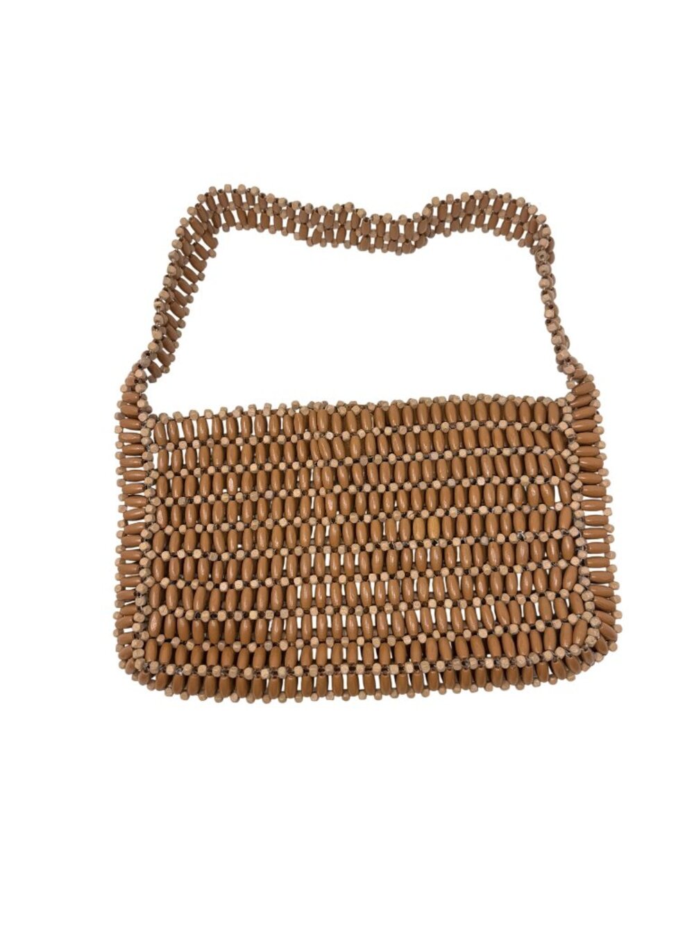 Wooden Beaded Small Shoulder Bag Magnetic Closure 12"x8" Boho Chic Natural Brown